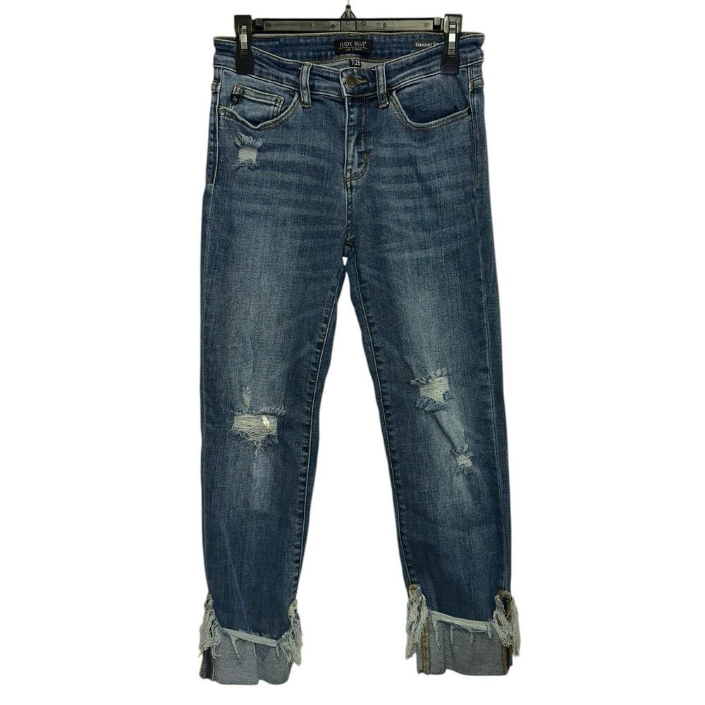 Judy Blue Straight Fit Jeans 7/28 Distressed Cuffed Hem Mid Rise‎ Denim
